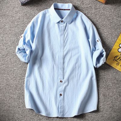 

Summer men&39s seven-point sleeve shirt Korean version slim fit casual seven-point sleeve shirt cotton&hemp half-sleeve and