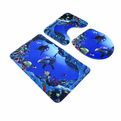 

3pcs Blue Anti-skid Ocean Style Pedestal Rug Toilet Cover Bath Mat