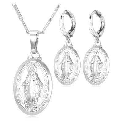

Virgin Mary Necklace Set 2015 New Trendy Platinum/18K Gold Plated Cross Necklace/Earrings Religious Jewelry Sets For Women