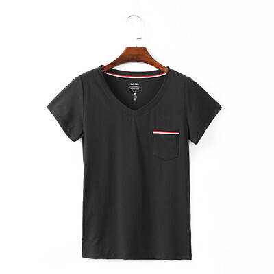 

Canvaus Summer New Fashion V-neck Pocket Decorative Slim Cotton Short-sleeved Basic Womens T Shirt