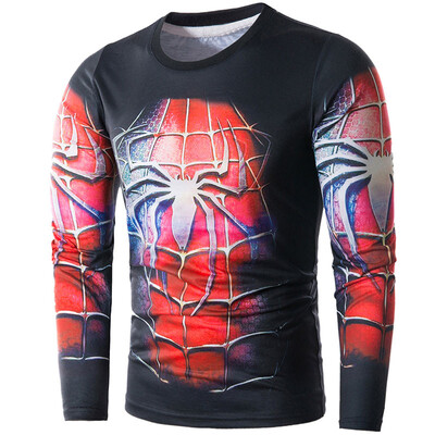 

New Mens Fashion Casual Slim T-shirt Spider-Man Print Sports Long Sleeve Shirt