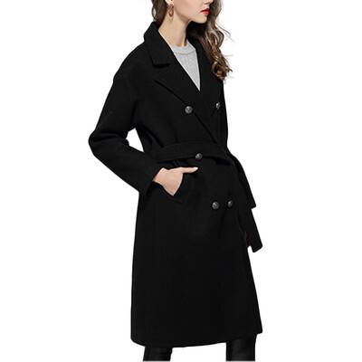 

QUZIHUA 2018 New Spring&Winter Thick Turn-down Collar Lacing Waist Double Breasted Office Lady Wool Women Coat