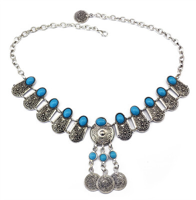 

Idealway Bohemian Vintage Ethnic Silver Alloy Necklaces Inlay Black Blue Resin Beads Coin Tassel Pendant Necklaces Females Jewelry