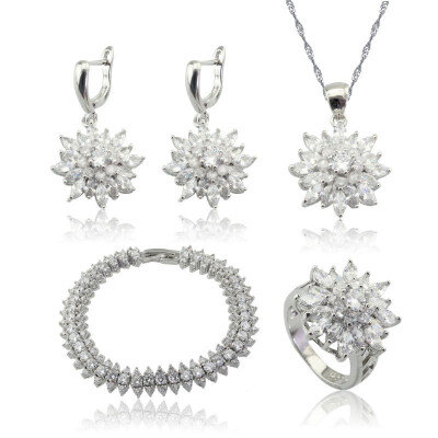 

Fashion White Stone Silver Plated Jewelry Sets for Women Pendant Earrings Ring Bracelet Two Colors Available Free Jewelry Box