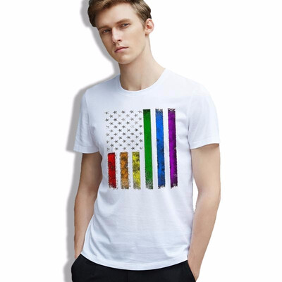

Men Tee Print Rainbow USA Flag Cotton Vintage White Tshirt Casual Funny Fashion Clothes
