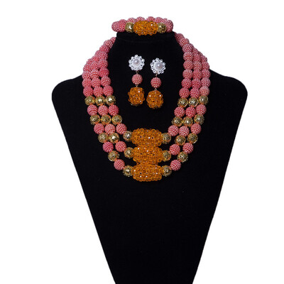 

3 Rows Red Rose Wedding Jewelry Set For Women African Crystal Beads Jewelry Nigerian Bridal Coral Ball Necklace Eearring Bracelet