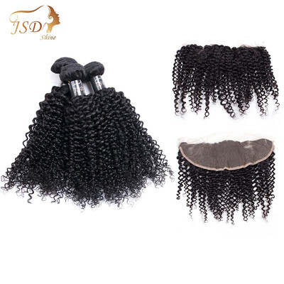 

JSDshine 3 Bundle Human Hair Weave Kinky Curly with Lace Frontal Closure Natural Black Human Virgin Brazilian Soft Curly Hair