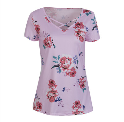 

Summer Women Blouse Floral Short Sleeve Ladies Chiffon Loose Casual T-shirt Tops