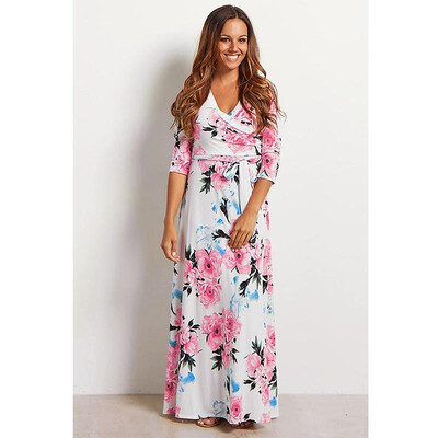 

2018 Summer Dress Sexy Deep V Neck Beach Casual Tunic Femme Vestidos Half Sleeve Boho Floral Printed Women Long Maxi Dresses