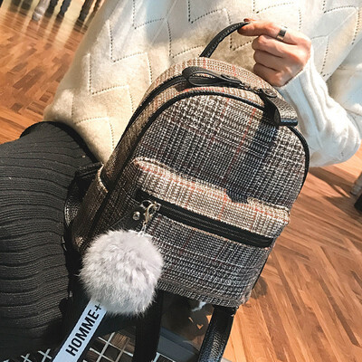 

2018 New Womens Plaid Small Backpack Korean Version of The Shoulder Bag Hair Ball Backpack Wild Popular Tide Package