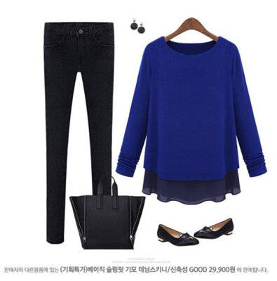 

New fashion women Contrast Long Sleeve Two Layer Tiered Knit with Chiffon Top Blouse /L/XL