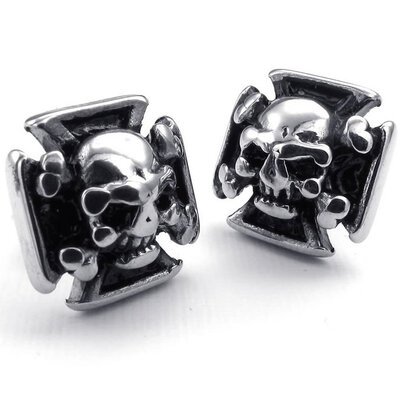 

Hpolw Mens Stainless Steel Gothic Cross Skull Stud Earrings, Black Silver