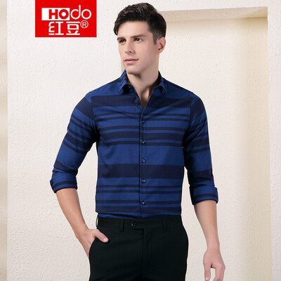 

Red Bean Hodo Mens Long Sleeve Shirt Mens Casual Business Jacquard Cotton Fabric Small Square Collar Long Sleeve Shirt B1 Blue 18096A