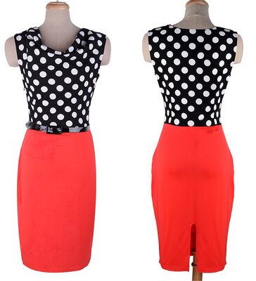 

Womens Belted Polka Dot Draped Neck Color Block Wear to Work Party Bodycon Dress