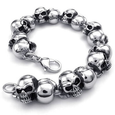 

Hpolw Mens Stainless Steel Bracelet, Biker Gothic Skull, Silver