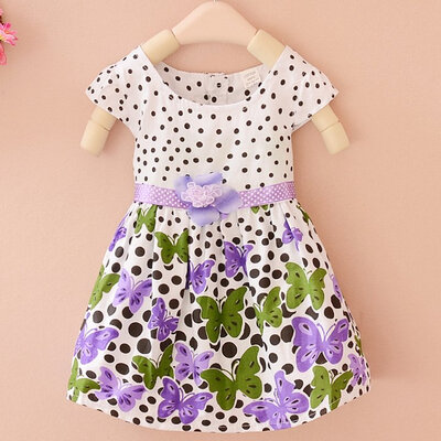 

Baby Kids Childrens Butterfly Flower Sweet Polka Dot Short Sleeves Pleated Dress