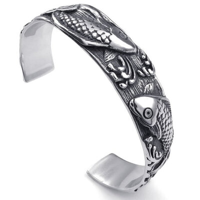 

Hpolw Mens Womens Stainless Steel Bracelet Vintage Carp Fish Cuff Bangle Black Silver