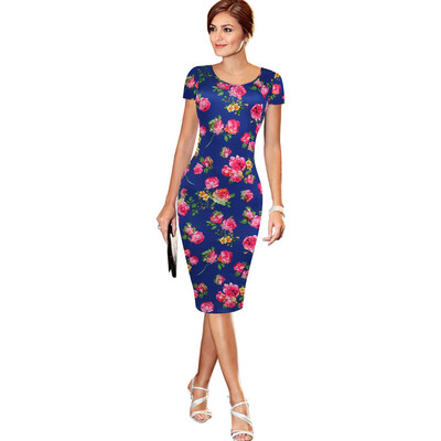 

2018 Summer Elegant Women Cocktail Party Short Sleeve Floral Dresses Knee-length Slimming Sheath Pencil Dress Bodycon