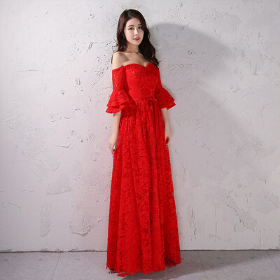 

Bride dress long paragraph shoulder sleeve trumpet sleeve lace wedding welcome dress