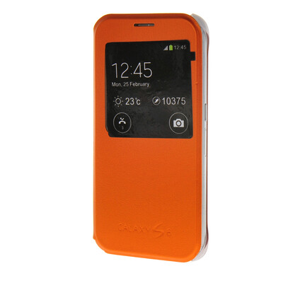 

MOONCASE Transparent Flip Pouch view window Leather Wallet Case Cover for Samsung Galaxy S6 Orange
