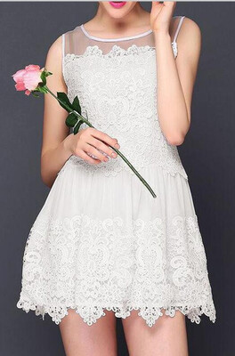 

Hot Sweet Crochet Patchwork Mesh Round Neck Sleeveless Slim Mini Lace Dress