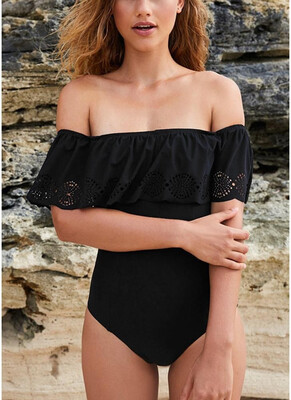 

2018 Solid Off The Shoulder Ruffle Overaly Hollow Out Push Up One Piece Swimsuit