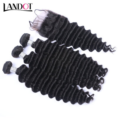 

8A Mongolian Virgin Hair Deep Wave With Closure 3 Bundles Mongolian Curly Human Hair Weave And Lace Closure 4Pcs Lot Natural Black