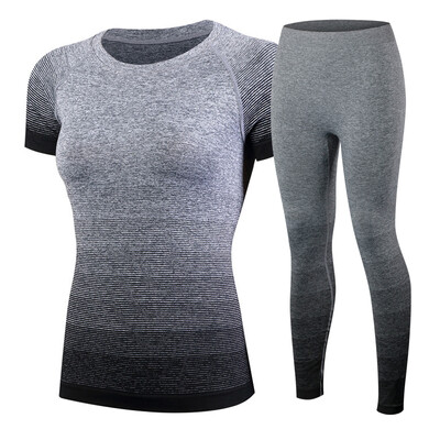 

New Gradiet Color Compression T Shirt Running sets Training Clothes Short