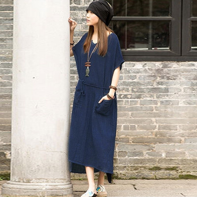 

New Women Autumn Casual Loose Vintage Cotton Long Maxi Dress Plus Size