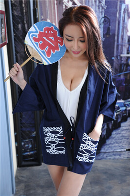 

Spring&summer new womens boutique blue short paragraph Japanese-style kimono pajamas Cute loose-sleeved sleeve Japanese kimon