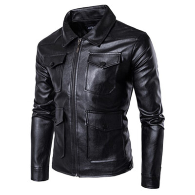 

2018 New Mens Fashion Motorcycle PU Leather Jacket Men Slim Jacket High Street Black Multi Pocket Lapel Coat