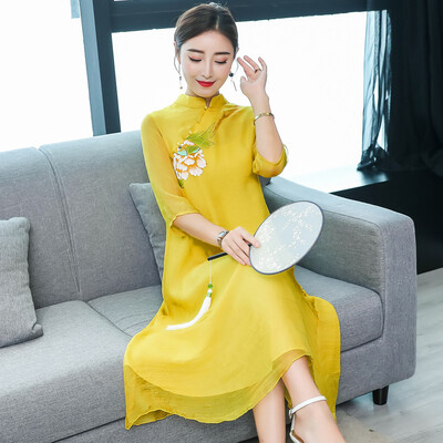 

2018 Летнее новое художественное литературное старинное платье Китайский чайный сервис Чонгсам