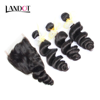 

8A Indian Loose Wave Virgin Hair With Closure 4 PcsLot Indian Loose Curly Wavy Remy Human Hair Weaves 3 Bundles And Lace Closures