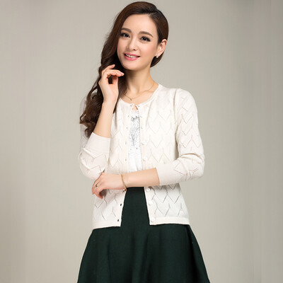 

MAOE solid color hollow hollow knit cardigan Z1102 white XL