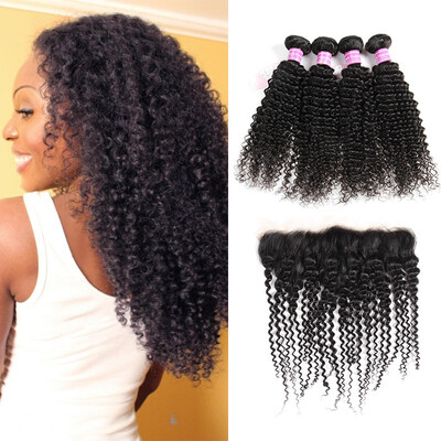 

8A Kinky Curly Brazilian Virgin Human Hair Bundles With Ear to Ear Closure Wholesale 100 Virgin Hair Bundles with Frontal