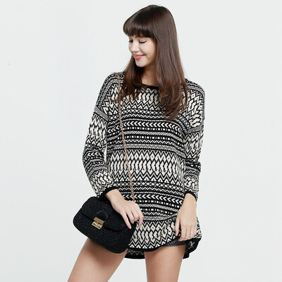 

Autumn Winter Womens Fashion Casual Black&White Striped Long Loose O-neck Long Sleeve Pullover Sweater Women