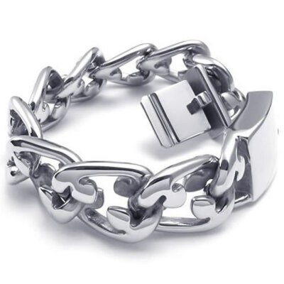 

Hpolw Large Heavy Wide silver Stainless Steel Heart-pattern link Biker Mens Bolt Buckled Bracelet