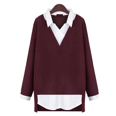 

2Colors Sale Woman 2015 Autumn And Winter Bottoming Red Blouse Shirt Fake Two Plus Size Women Clothing Female Blouses