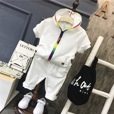 

New Fashion Summer Kids Boys Clothes Sportswear Short Sleeve Colorful Zipper Hooded Clothing For Girls Children Outfit Sets