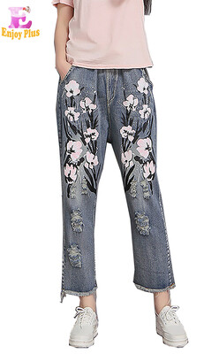 

XXL 3XL 4XL plus size casual cotton summer 2018 jeans long pant big size blue denim trousers loose flower print elastic waist
