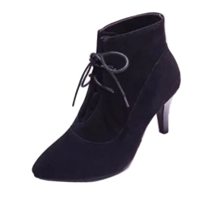 

Women winter Ankle Boots Lady Faux Suede Stiletto Mid Heel Kitten Shoes Lace Up