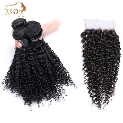 

JSDShine Company Peruvian Kinky Curly Bundles With 44 Lace Closure Human Hair Extension Natural Color Non-Remy Hair Weaving
