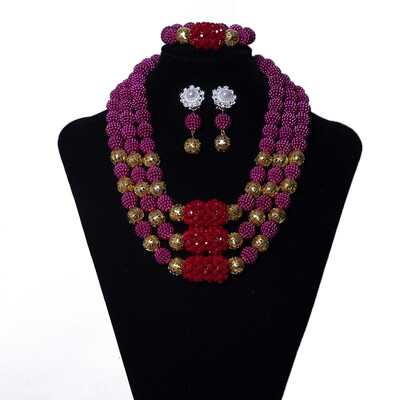 

3 Rows Peach Red Statement Bridal Necklace African Beads Jewelry Set Indian Wedding Costume Jewellery For Women Free Shipping