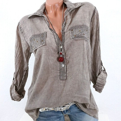 

New Womens Fashion Long Sleeve Lapel Pure Color Casual Loose Blouse