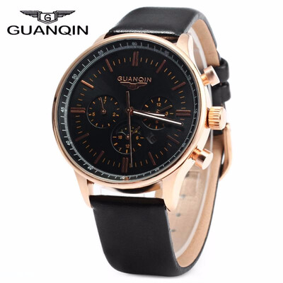 

GUANQIN Men Leather Quartz Watch with Calendar Display Moving Three Sub-dials