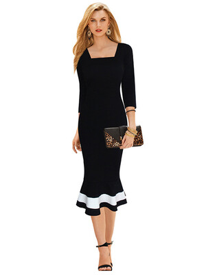 Three Quarter Sleeve Ruffles Hems Slim Dress