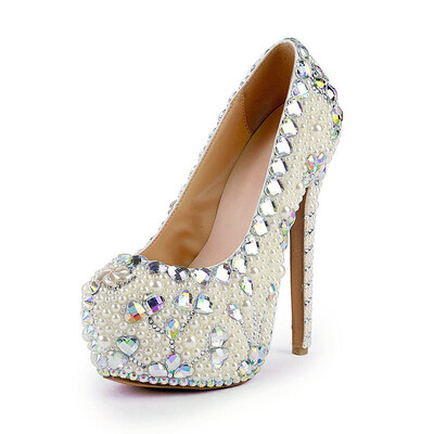 

Artificial inlay Pearl color drill Super heel slender heel Sexy fashion waterproof platform high heel shoes