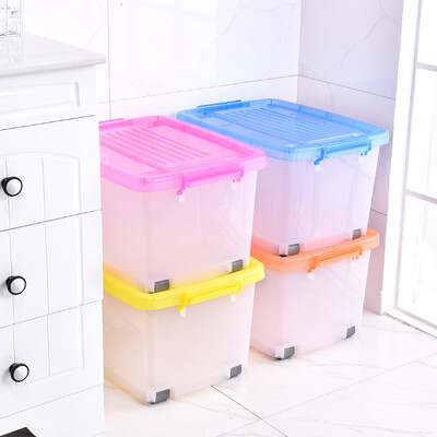 

Double peach SHUANG TAO plastic thickened anti-pressure transparent clothing storage box quilt clothes storage box with pulley car storage box 70L large mixed color 2 Pack