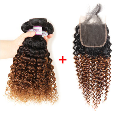 

Racily Hair 1B30 Ombre Malaysian Kinky Curly 3 Bundles with Lace Closure Black to Dark Brown Free Part Human Hair with Closure