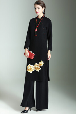 

Womens set dresses wool cashmere winter suits woolen pants loose style Embroidery elegant dress long pants plus sizes 3 colors